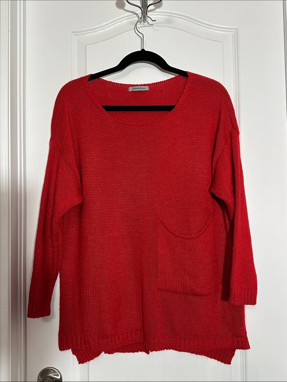 Angela Mara Red Scoop Neck Knit Sweater with Front Pocket